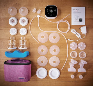 YouhaAU x Milkdrop Ultra-Deluxe Combo Pack gallery: In this combo pack, the Milkdrop Breast Pump cushions come with Youha The ONE pump starter pack (shown laid out in this image) - The starter pack has everything for pumping, transporting, storage and feeding - double electric breast pump, spare valves, sizing options, bottles, teats and cooler bag - use and learn how to express breastmilk for bottlefeeding or breastfeeding baby with portable breast pump Australia